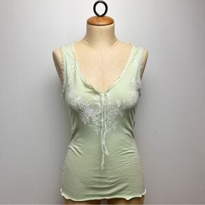Anti-Flirt Green Tank Top Tie Front Lace Boho Fairycore Vintage Y2K